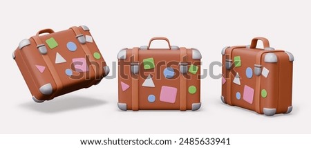 Realistic brown suitcase with travel stickers. Vector leather model in different positions