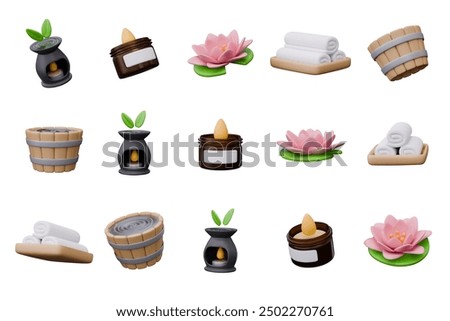 Collection of spa elements in 3D style. Isolated templates in different positions