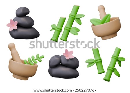 Black stones for hot therapy, green bamboo, mortar with pestle and herbs