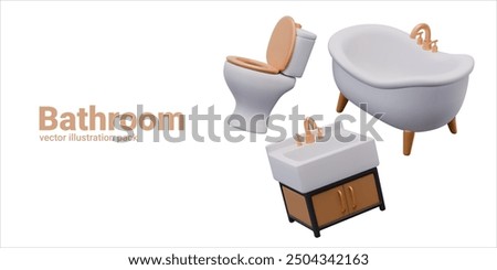 Collection of realistic bathroom fixtures. Washbasin with cabinet, bathtub, toilet with seat