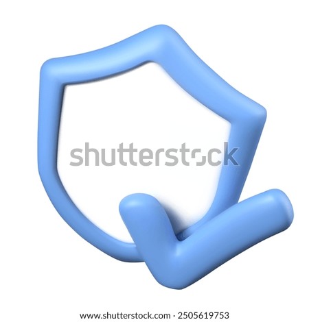 Blank 3D shield with tick in rotated position. Isolated vector object, protection symbol