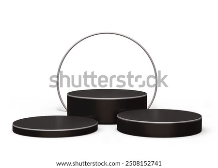 Set of black round podiums of different heights. Vector group with metal arch