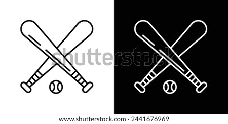 American Baseball Sport and Equipment Icons. Ball and Bat Symbols in Black Filled and Outlined Style.