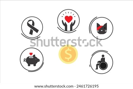 Save money and health insurance concept, hospital and health symbols, money is powerful, piggy with heart, heart in human hands as stylized love royalty, man sit on wheelchair, dollar coin