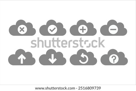 Cloud computing icons. cross, tick mark, question mark, plus, minus, upload, download and share sign and symbols with cloud. graphic picture. high quality. illustration graphic vector design