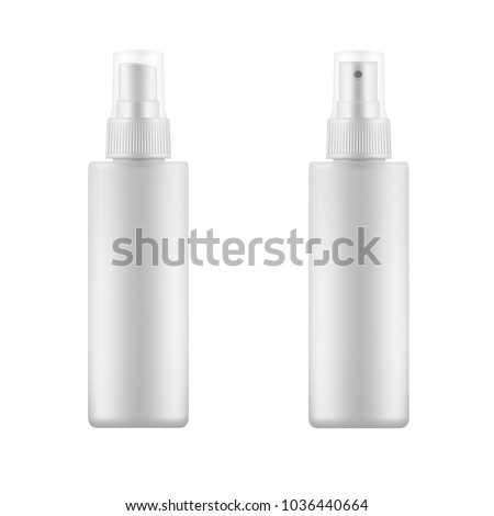 Set of white blank spray bottles. Mock up, cosmetic package. Vector template template for advertising, cosmetic products or household chemicals
