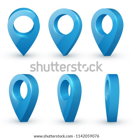Shiny blue realistic map pointers vector set in various angles. Map pointer 3d pin. Location symbols.