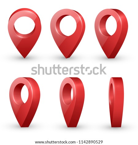 Shiny red  realistic map pointers vector set in various angles. Map pointer 3d pin. Location symbols.