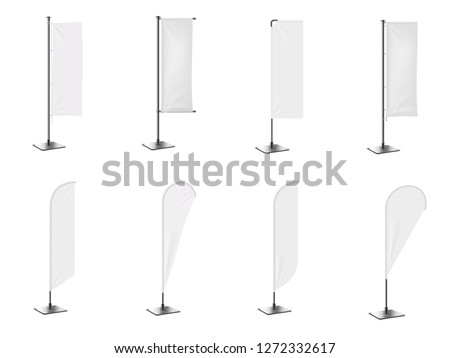 Realistic banner flag 3d mockup on white backdrop. White  empty 