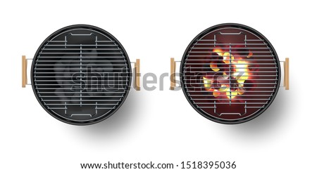 Round empty barbecue grill top view vector set. Unlit grill with Charcoal and another with burning coals.