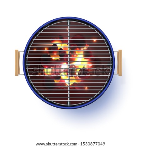 Round blue open barbecue grill. Top view. Realistic vector illustration. Burning coals.