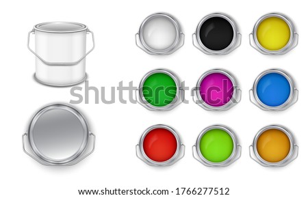 Open cans with building paint multicolored vector set. Front view.