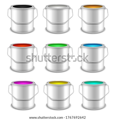 Open cans with building paint multicolored vector set. Front view.