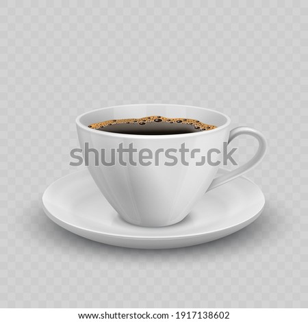 Modern realistic icon with black coffee cup front view. Illustration of porcelain cup on saucer with coffee.
 Foto d'archivio © 