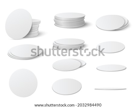 Realistic Round and square table coasters mockup set.
