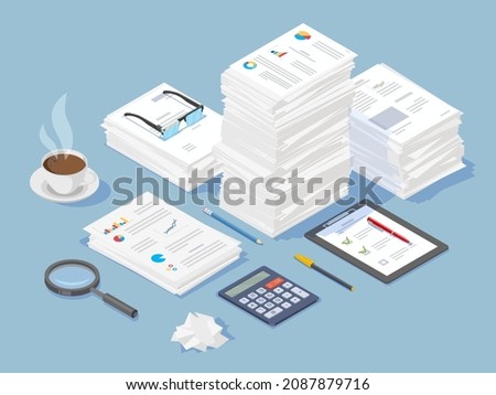 Large stack of complex paper documents, magnifier calculator, coffee cup, stationery. Symbol of accounting, classical financial analysis, work with documents and bureaucracy.
isometric concept. 