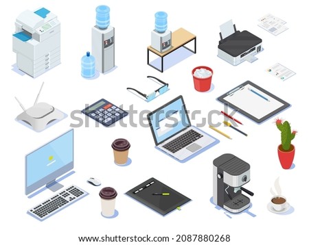 Office equipment isometric set. Desktop, Laptop, computer, copier printer, coffee maker water cooler, etc.  Interior isometric elements. Stationery.