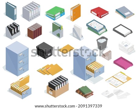 Isometric office equipment  set for paperwork and archival data storage. Office stationery.
Filing cabinet. Binder folders, books, registration journals.