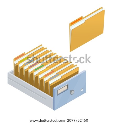 Opened Drawer with folders for files. Isometric archive. Archive documents.