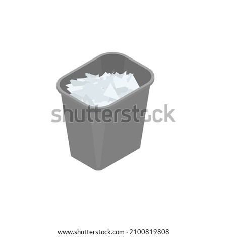 Grey plastic trash can full of crumpled paper isometric vector icon