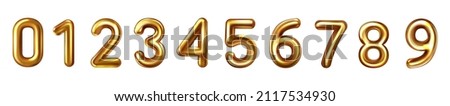 Set of 3d golden embossed numbers on white background. Design element for sale banner or discount or bank card. Golden foil balloons number set