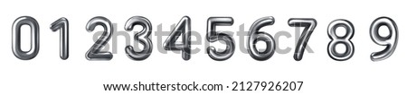 Set of 3d silver  embossed numbers on white background. Design element for sale banner or discount or bank card. Silver foil balloons number set