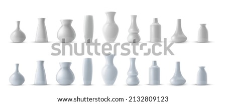 Realistic collection of white ceramic porcelain vase. 3d ceramic glossy pot set.