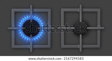 Gas burner set with blue flame and cast iron grate. Kitchen stove with lit and off hob. Burning propane butane in oven for cooking top view isolated on transparent background