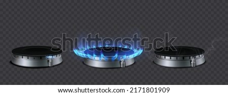 Realistic set of gas burners side view. Turned off burner. Burning. Electric ignition Propane butane blue flame in cooking oven