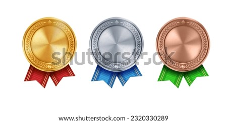 Shiny gold, silver, and bronze award medals with colorful ribbons. Vector collection on white background. Symbol of winners and achievements