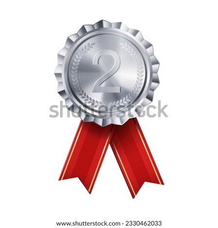 Realistic silver award medal with red ribbons engraved number two. Premium badge for winners and achievements