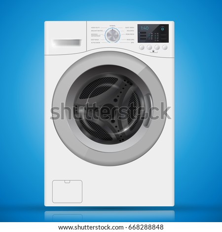 Realistic  white front loading washing machine on a  blue background. Front view, close-up. 3d realistic vector washer. closed door