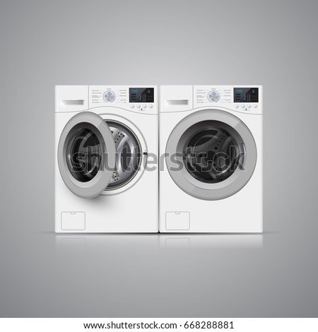 Vector illustration of  two   washers on grey background. Front view. Cover  template or  banner design.  