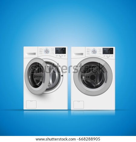 Vector illustration of  two   washers on blue background. Front view. Cover  template or  banner design.  Front-loading.