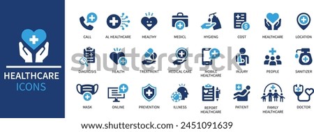 Healthcare icon set. Containing treatment, prevention, medical, health, diagnosis, report, illness, injury and more. Solid vector icons collection.