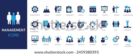 Management icon set. Business and management collection. Manager, teamwork, strategy, marketing, business, planning flat.