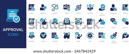 Approval flat icons set. Check mark, certified, validation, agreement, thumps up, settings, shield icons and more signs. Flat icon collection.