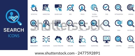 Search flat icons set. Magnifying glass, research, explore, control, search bot, inspection icons and more signs.