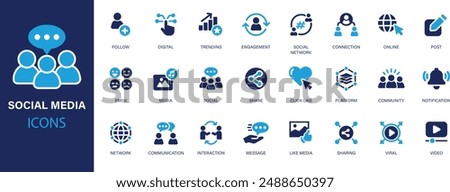 Social media icon set. Containing like, message, profile, social network, video, comment, sharing, media and more. Solid vector icons collection.