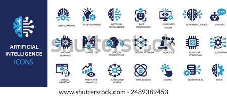 Artificial intelligence icon set. Containing machine learning, data science, AI, virtual assistant, generative AI, technology, Turing test and more. Solid vector icons collection.