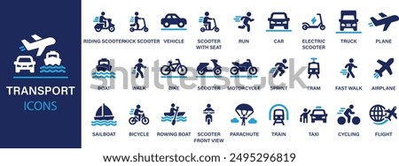 Transport icon set. Containing car, bike, plane, train, bicycle, motorbike, bus and scooter icons. Solid icon collection.