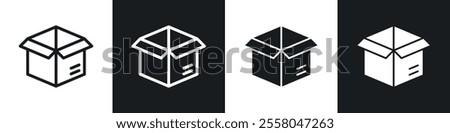 Box opened icons pack in black and white filled and outlined versions.