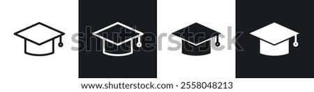 Graduation cap icons pack in black and white filled and outlined versions.