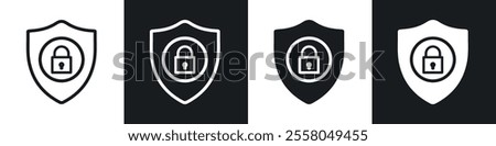 Shield lock icons pack in black and white filled and outlined versions.