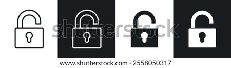 Unlock icons pack in black and white filled and outlined versions.