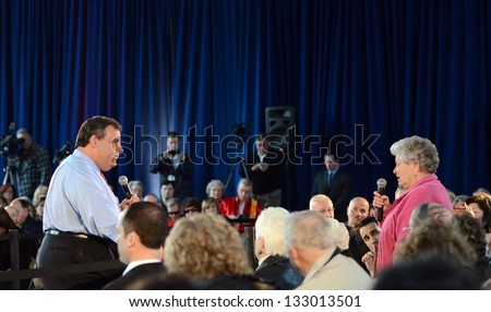 MIDDLESEX BOROUGH,NJ-MARCH 26:New Jersey Governor Chris Christie continued his 104th town hall meeting held at Our Lady of Mount Virgin Parish Center located in Middlesex Borough,NJ,on March 26,2013.