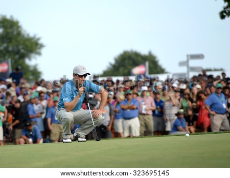 EDISON,NJ-AUGUST 30: Zach Johnson lines up his ball at the 18th hole during the final round of the Barclays Tournament held at the Plainfield Country Club in Edison,NJ,August 30,2015.