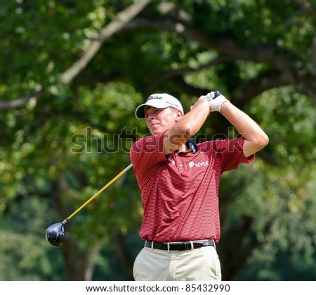 EDISON,NJ-AUGUST 26: Golfer Steve Stricker watches his shot during the second round of the Barclays Tournament held at the Plainfield Country Club on August 26,2011 in Edison,NJ.