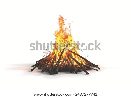 Bonfire Isolated White background Close-up of a pile of firewood burning, orange and yellow flames, 