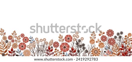 The white background floral ornament, not seamless, with multishaped warm-colored flowers, brunches, and herbs on the bottom. Hand-painted, aquarelle